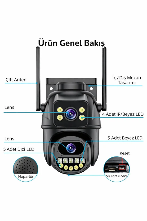 Akıllı Kamera Wifi Bağlantılı Çift Lensli Gece Görüşlü Çift Yönlü Ses Otomatik Hareket Takibi